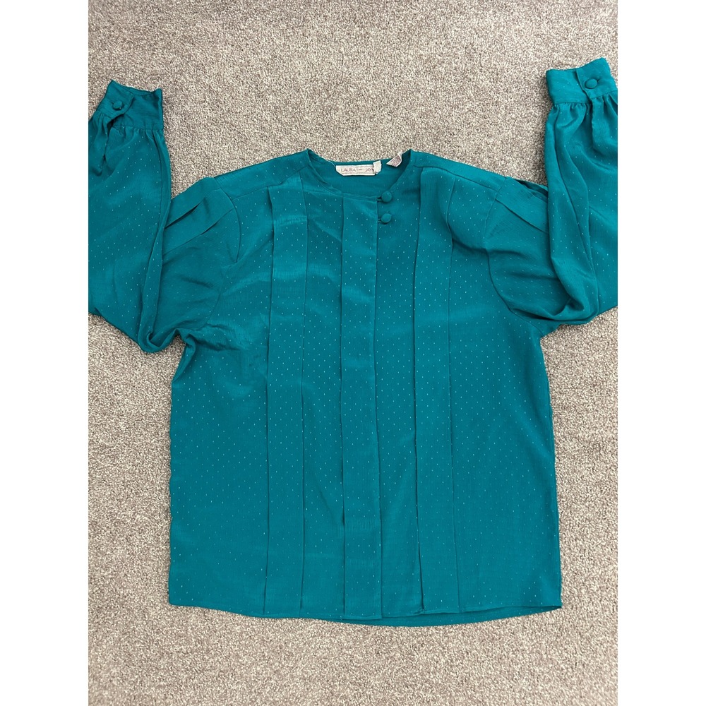 Laura and Jayne Blouse Womens 12 Teal Excellent Pleated Dobby Dot Vintage 80s